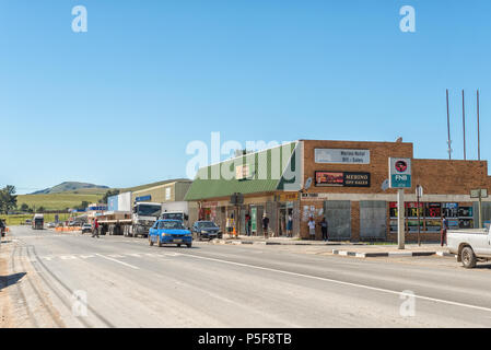 ELLIOT, SOUTH AFRICA - MARCH 28, 2018: A street scene, with businesses, vehicles and people, in Elliot in the Eastern Cape Province Stock Photo