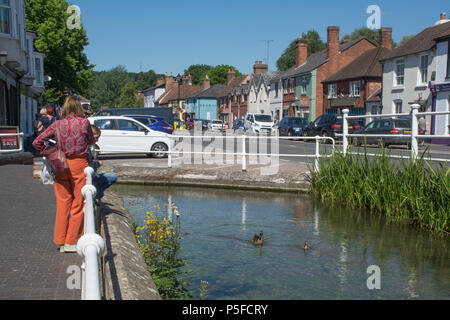 View of the town centre of Stockbridge, Hampshire, UK, one of the smallest towns in England on a summer day. Visitors looking at ducks on the river. Stock Photo