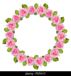 Rond frame Wreath made of pink roses isolated on white background. Gentle circular floral ornament. Flower mandala Stock Photo