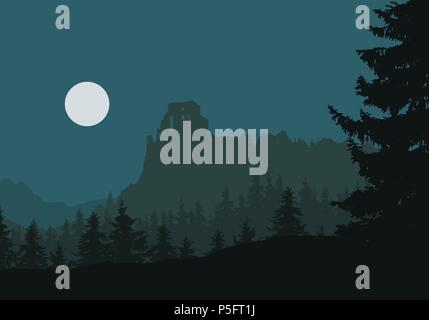Ruins of a medieval castle on a rock between forests and mountains, under night sky with moon - vector Stock Vector