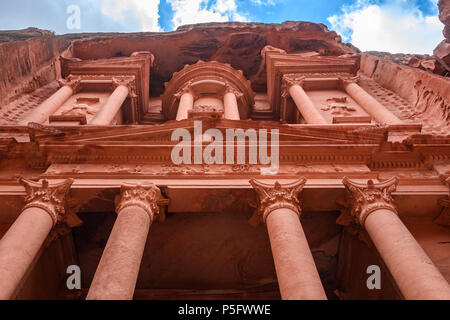 The Treasury from below in the ancient city of Petra, Jordan Stock Photo
