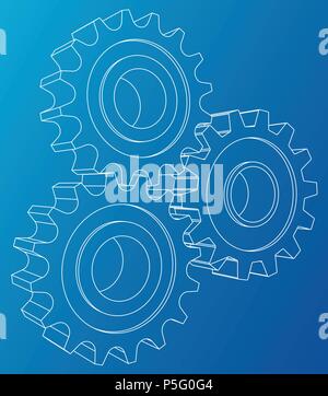 Gear wheel. Vector rendering of 3d. Wire-frame style. 3D view layers of visible and invisible lines are separated Stock Vector