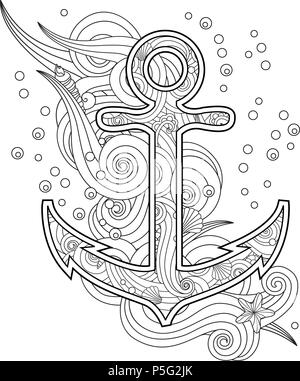 Contour image of anchor in zentangle inspired doodle style isolated on white. Coloring book page for adult and older children. Vector illustration. Stock Vector