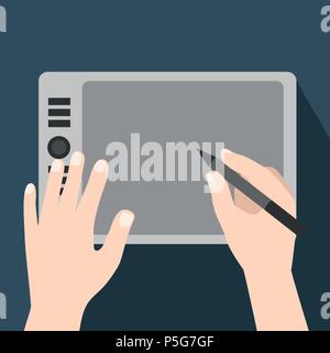 Hands using graphic tablet, Graphic Tablet Being Used with a Pen-Flat Vector Illustration. Stock Vector