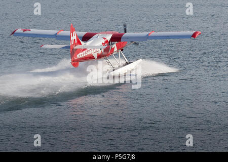 Harbour Air Seaplanes de Havilland Canada DHC-3-T Turbo Otter Floatplane Taking Off From The Water At Vancouver Harbour Flight Centre, BC, Canada. Stock Photo