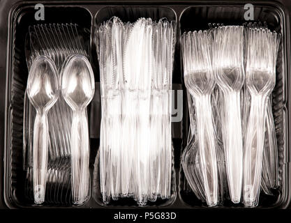 Plastic cutlery, disposable cutlery, knives, forks, spoons, plastic waste, transparent, transparent, Stock Photo