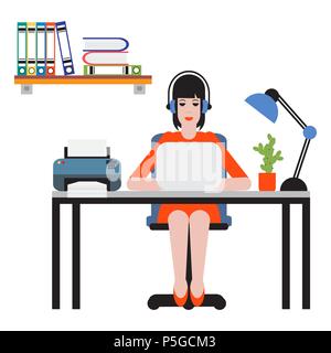 Woman sitting at table and working on laptop. Workspace. Stock Vector