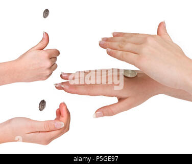 Hands of a woman in the three fases of flipping a coin Stock Photo