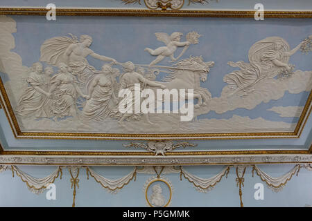 N/A. English: Interior view of Shugborough Hall - Staffordshire, England. 13 June 2016, 08:14:08. Daderot 455 Dining Room ceiling decoration by Francesco Vassalli after Guido Reni's 'Apollo and the Hours', c. 1724-1763, plaster - Shugborough Hall - Staffordshire, England - DSC00315 Stock Photo
