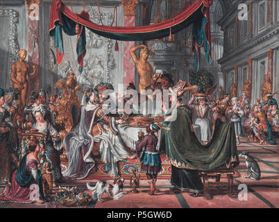 N/A.  English: Antony and Cleopatra oil on canvas 48 x 63.5 cm signed b.c.: Naiveú 1700-1710 The subject is recorded by Pliny the Elder (23-79) in his ‘Natural History’ and relates to the story of Cleopatra (69-30 BC) who dissolved one of the “two largest pearls of all time” in a cup of vinegar, which she then drank to win a bet with the Roman General Mark Anthony (83-30 BC). The present scene depicts the dramatic moment when Lucius Plancus (the figure in the green cloak) pronounces Cleopatra the winner.  . from 1700 until 1710.    Matthijs Naiveu  (1647–1726)     Alternative names Matthijs Na Stock Photo