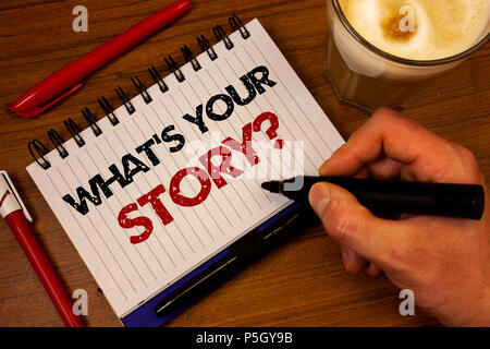 Word writing text What'S Your Story Question. Business concept for Connect Communicate Connectivity Connection Hand grasp black marker wooden desk red Stock Photo