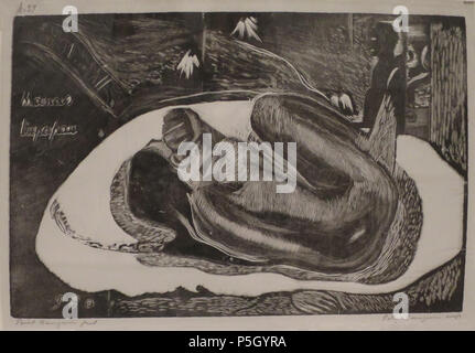 N/A. English: Manao Tupapau (Spirit of the Dead Watching) from Noa Noa (Fragrance) by Paul Gauguin, 1893-94, woodcut, printed by Pola Gauguin in 1921, Honolulu Museum of Art accession 11108 . between 1893 and 1894.   Paul Gauguin  (1848–1903)       Alternative names Henri Eugène Paul Gauguin  Description French painter and writer  Date of birth/death 7 June 1848 8 May 1903  Location of birth/death Paris Atuona  Work period from 1876 until 1903  Work location Paris, Pont-Aven, Arles, Tahiti  Authority control  : Q37693 VIAF:27064953 ISNI:0000 0001 2100 026X ULAN:500011421 LCCN:n79055546 NLA:351 Stock Photo