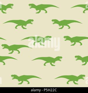 Dinosaur tyrannosaurus silhouette pattern seamless. Vector illustration. Green dinosaurs on gray background. Stock Vector