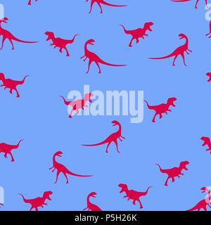 Dinosaur velyciraptor silhouette pattern seamless. Vector illustration. Red dinosaurs on blue background. Stock Vector