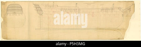 N/A. English: Commerce de Marseille (captured 1793). Plan showing the body plan with sternboard decoration, sheer lines with inboard detail and figurehead, and longitudinal half-breadth for Commerce de Marseilles (captured 1793), a captured French First Rate. The plan illustrates the ship as taken off at Plymouth Dockyard, prior to being fitted as a 120-gun First Rate, three-decker. Signed by John Marshall [Master Shipwright, Plymouth Dockyard, 1795-1802]. September 1796. Unknown 372 Commerce de Marseille (captured 1793) Stock Photo
