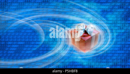 colorful gift boxes over binary code background Stock Photo