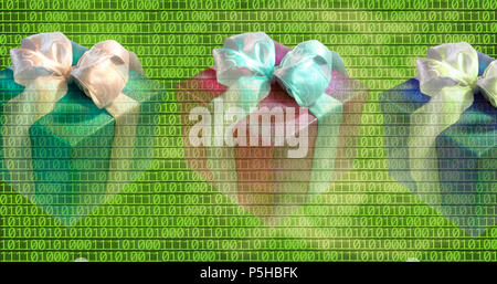 colorful gift boxes over binary code background Stock Photo