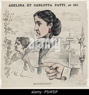 N/A. Portrait of Adelina Patti . 25 November 1866.   André Gill  (1840–1885)       Alternative names Louis-Alexandre Gosset de Guines  Description French writer, illustrator, caricaturist and songwriter  Date of birth/death 17 October 1840 1 May 1885  Location of birth/death Paris Charenton-le-Pont  Authority control  : Q518827 VIAF:59204500 ISNI:0000 0001 2101 6763 ULAN:500017105 LCCN:n85303063 Open Library:OL2418963A WorldCat 60 AdelinaPattibyGill Stock Photo