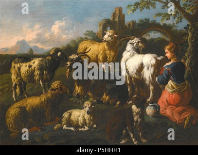 N/A.  English: A Shepherdess with Her Flock beside a Ruined Arch by Jakob Roos, called Rosa Da Napoli, 1706, oil on canvas, 73.5 by 99.3 cm. . 1706. N/A 1 'A Shepherdess with Her Flock beside a Ruined Arch' by Jakob Roos Stock Photo