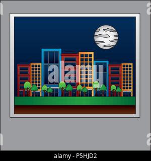 photo city in the night sky and the moon vector illustration Stock ...