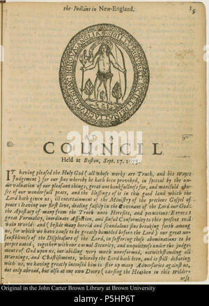 N/A. English: 'The Indians in New-England, at a council held at Boston, Sept. 17, 1675.' Image title: Sigillvm gvb et societ. de Mattachuvsets Bay in Nova Anglia. Page from: A brief history of the vvar with the Indians in New-England, by Increase Mather. Printed and Sold by John Foster over against the Sign of the Dove. Boston, 1676. 'This is the early seal of the Massachusetts Bay Colony and was in use from 1629 to 1684. The native American's words, 'Come over and help us,' reflect the early missionary aims of the colony.' . 1676. John Foster 20 1675 Indian Council Boston02694003 Stock Photo