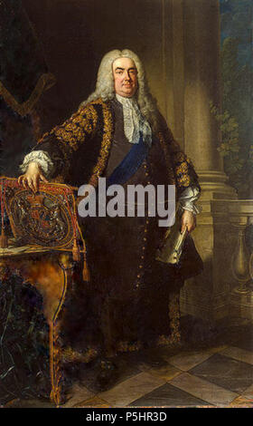 Portrait of Robert Walpole (1676-1745) .  English: I have touched up the original painting of Robert Walpole, Portrait of Sir Robert Walpole, studio of Jean-Baptiste van Loo, 1740. . 1740. N/A 22 Retuched Painting of Robert Walpole Stock Photo