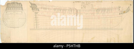 N/A. English: Plan showing the body plan with sternboard decoration, sheer lines with inboard detail and figurehead, longitudinal half-breadth for Alfred (1778), a 74-gun Third Rate, two-decker, as built at Chatham Dockyard. October 1778. John Williams 83 Alfred (1778) Stock Photo