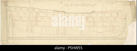 N/A. English: Plan showing the inboard profile for Conqueror (1801), a 74-gun Third Rate, two-decker. January 1796.   375 Conqueror (1801) Stock Photo