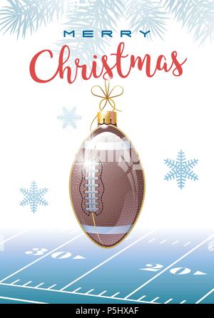 Merry Christmas. Sports greeting card. Realistic American Football or Rugby ball in the shape of a Christmas ball. Vector illustration. Stock Vector
