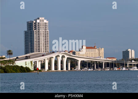 The elegant Clearwater Memorial Causeway Bridge in Clearwater, Florida, a four lane road between downtown Clearwater and Clearwater Beach that include Stock Photo