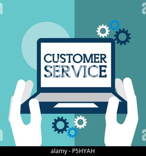 hands holding laptop digital customer service vector illustration Stock Vector