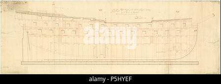 N/A. English: Plan showing the inboard profile for Ardent (1782), a 64-gun Third Rate, two-decker building at Bursledon by Messrs Stares and Parsons. August 1781.   121 Ardent (1782) Stock Photo