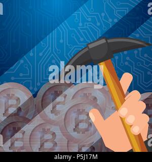 hand holding pickaxe bitcoins mining vector illustration Stock Vector