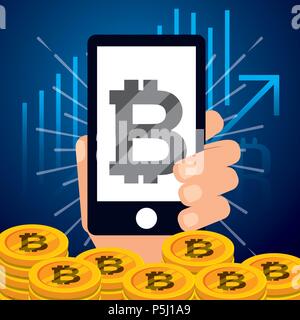 hand holding smartphone bitcoins banking vector illustration Stock Vector