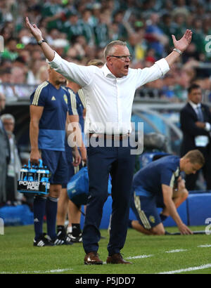 Yekaterinburg, Russia. 27th June, 2018. Head coach Janne Andersson of Sweden reacts during the 2018 FIFA World Cup Group F match between Mexico and Sweden in Yekaterinburg, Russia, June 27, 2018. Credit: Li Ming/Xinhua/Alamy Live News Stock Photo