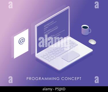 Software development and programming, program code on laptop screen, income letter and a cup of coffee. Big data processing, Isometric vector illustration. Stock Vector