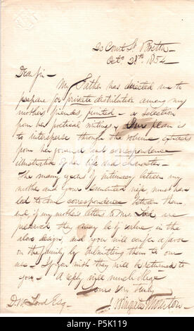 N/A. English: Letter written 16 Nov 1852 from John Wingate Thornton to Daniel Walker Lord. 28 October 1854. Scanned image created by myself from the letter which I own. The author of the letter died in 1878. 29 1854 1028 JWTtoDWLord Letter Stock Photo