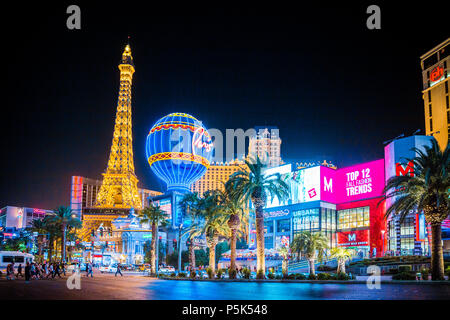 SEPTEMBER 20, 2017 - LAS VEGAS:  Classic panoramic view of colorful Downtown Las Vegas with world famous Strip and Paris Las Vegas hotel complex