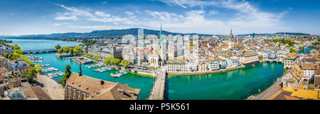 Aerial panoramic view of Zurich city center with famous Fraumunster Church and river Limmat at Lake Zurich from Grossmunster Church, Switzerland Stock Photo