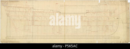 N/A. English: Plan showing the inboard profile for 'Illustrious' (1803), 'Albion' (1802), 'Hero' (1803), and 'Fame' (1805), all 74-gun Third Rate, two-deckers. April 1800. John Henslow 547 Fame (1805) Stock Photo