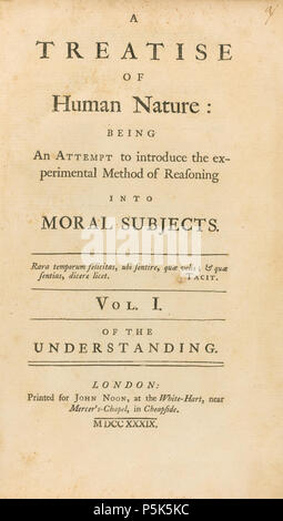 N/A. English: A TREATISE OF HUMAN NATURE: BEING AN ATTEMPT TO INTRODUCE THE EXPERIMENTAL METHOD OF REASONING INTO MORAL SUBJECTS. FOR JOHN NOON, 1739 . 1 January 2013, 13:04:47.   David Hume  (1711–1776)       Alternative names David Home; Hume  Description Scottish philosopher, economist, librarian, historian, essayist and writer  Date of birth/death 7 July 1711 25 August 1776  Location of birth/death Edinburgh Edinburgh  Authority control  : Q37160 VIAF: 49226972 ISNI: 0000 0001 2131 8235 ULAN: 500319802 LCCN: n79054039 NLA: 35213218 WorldCat 46 A Treatise of Human Nature by David Hume Stock Photo