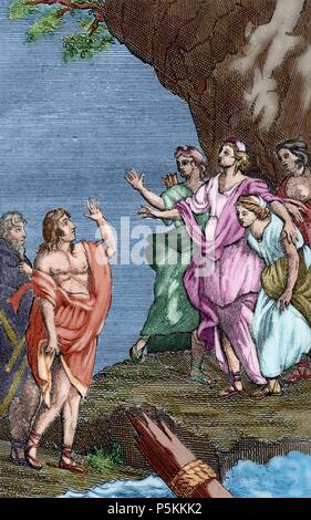 Francois Fenelon (1651-1715). French archbishop, theologian and writer. The Adventures of Telemachus, 1699. Colored engraving depicting Telemachus with MInerva on the island of Calypso. Book One. Prince Edition. Episcopal Library of Barcelona. Spain. Stock Photo