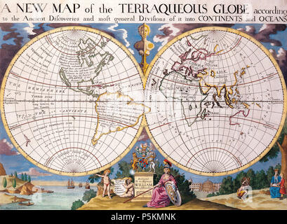 110 Antique World Map of Continents and Oceans 1700 Stock Photo