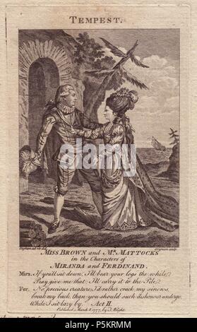 Miss Brown as Miranda and Mr. George Mattocks as Ferdinand in William Shakespeare's 'The Tempest'. . Drawn from life by Robert Dighton (17521814), painter, engraver, drawing master, actor and singer. Engraved by Grignion, published by J. Wright, 1777. Stock Photo