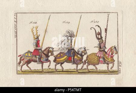 Three mounted knights in armor for particular types of tournament: course with full arm-armor (garde-bras) with great helm (heaume), course with round shoulder armor (rouelle) and small shield (targe), and a joust with coronet spear.. . In the course, the knight aimed his lance at a particular spot on the opponent's breastplate - when this button was hit, a metal plate was shot into the air above the knight. Note the lance tips of the coursers, and the lance with coronet point of the joust knight at right.. . Handcolored copperplate engraving from Robert von Spalart's 'Historical Picture of th Stock Photo