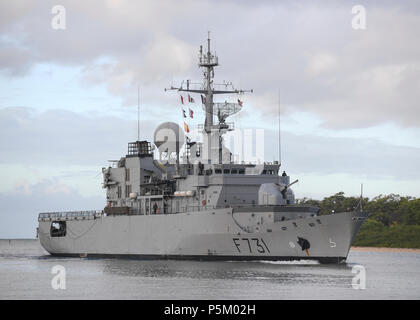 180626-N-KR702-0015 PEARL HARBOR (June 26, 2018) French Navy frigate FS Prairial (F731) arrives at Joint Base Pearl Harbor Hickam in preparation for RIMPAC 2018. Twenty-five nations, more than 45 ships and submarines, about 200 aircraft and 25,000 personnel are participating in RIMPAC from June 27 to Aug. 2 in and around the Hawaiian Islands and Southern California. The world’s largest international maritime exercise, RIMPAC provides a unique training opportunity while fostering and sustaining cooperative relationships among participants critical to ensuring the safety of sea lanes and securit Stock Photo