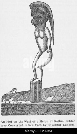 N/A. English: An Idol on the Wall of Heiau at Kailua, which was Converted into a Fort by Governor Kuakini. Engraving after a sketch by William Ellis. This is from the second and third London edition published in 1826 and 1827 and later reprinted in 1917. between circa 1822 and circa 1823.   William Ellis  (1794–1872)      Alternative names W. Ellis; Reverend William Ellis; Rev. William Ellis  Description British missionary, writer and photographer  Date of birth/death 29 August 1794 9 June 1872  Location of birth/death London London  Work period 1816-1872  Work location Society Islands, Hawaii Stock Photo