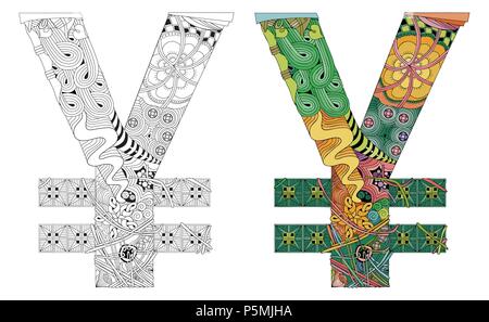 Hand-painted art design. Colorful symbol of yen for t-shirt and other decoration. Colored and outline set Stock Vector