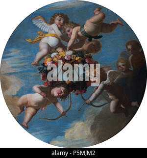 Putti with Flower Garland . Round painted ceiling with putti holding a flower garland. Two putti carry a bow and arrow. Circa 1650. N/A 19 Putti met bloemenkrans Rijksmuseum SK-A-4171 Stock Photo