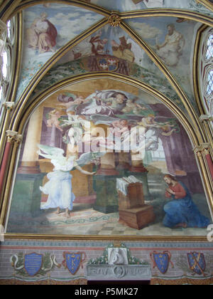 The Annunciation .  English: Angel from an Annunciation scene; the upper part of the fresco was painted in 1541 by Primaticcio and his workshop; the darker, lower part was restored by Paul Balze (1815-1884) in 1875–6. Our Lady chapel of the Chaalis Abbey. Français : Annonciation : la partie supérieure de la fresque est l'œuvre du Primatice et de son atelier en 1541, sur une commande du cardinal Hippolyte d'Este ; la partie inférieure, plus sombre, est une restauration de Paul Balze (1815-1884) en 1875-1876. Revers de la façade de la chapelle Sainte-Marie de l'abbaye de Chaalis.  N/A 322 Chaali Stock Photo